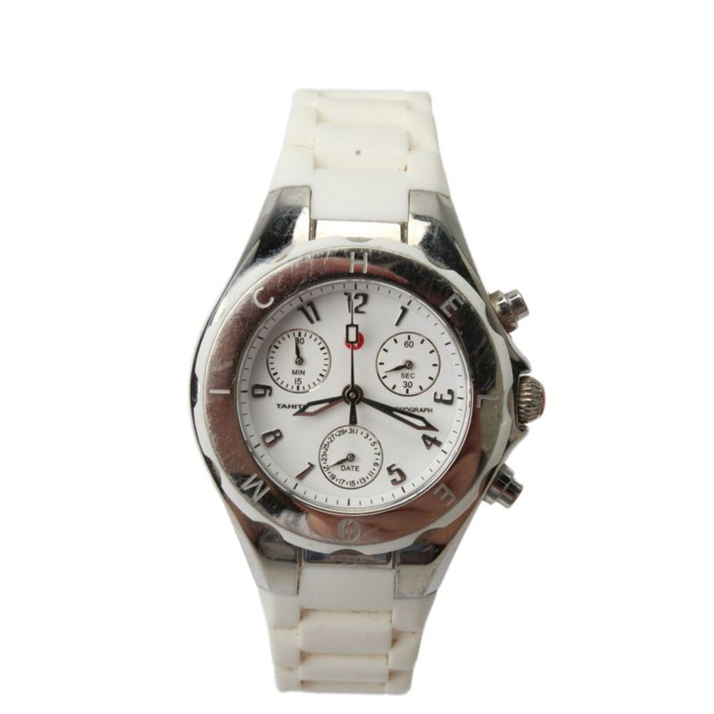 Michele Womens S-Steel White Rubber Tahitian Chronograph Quartz Watch 36mm